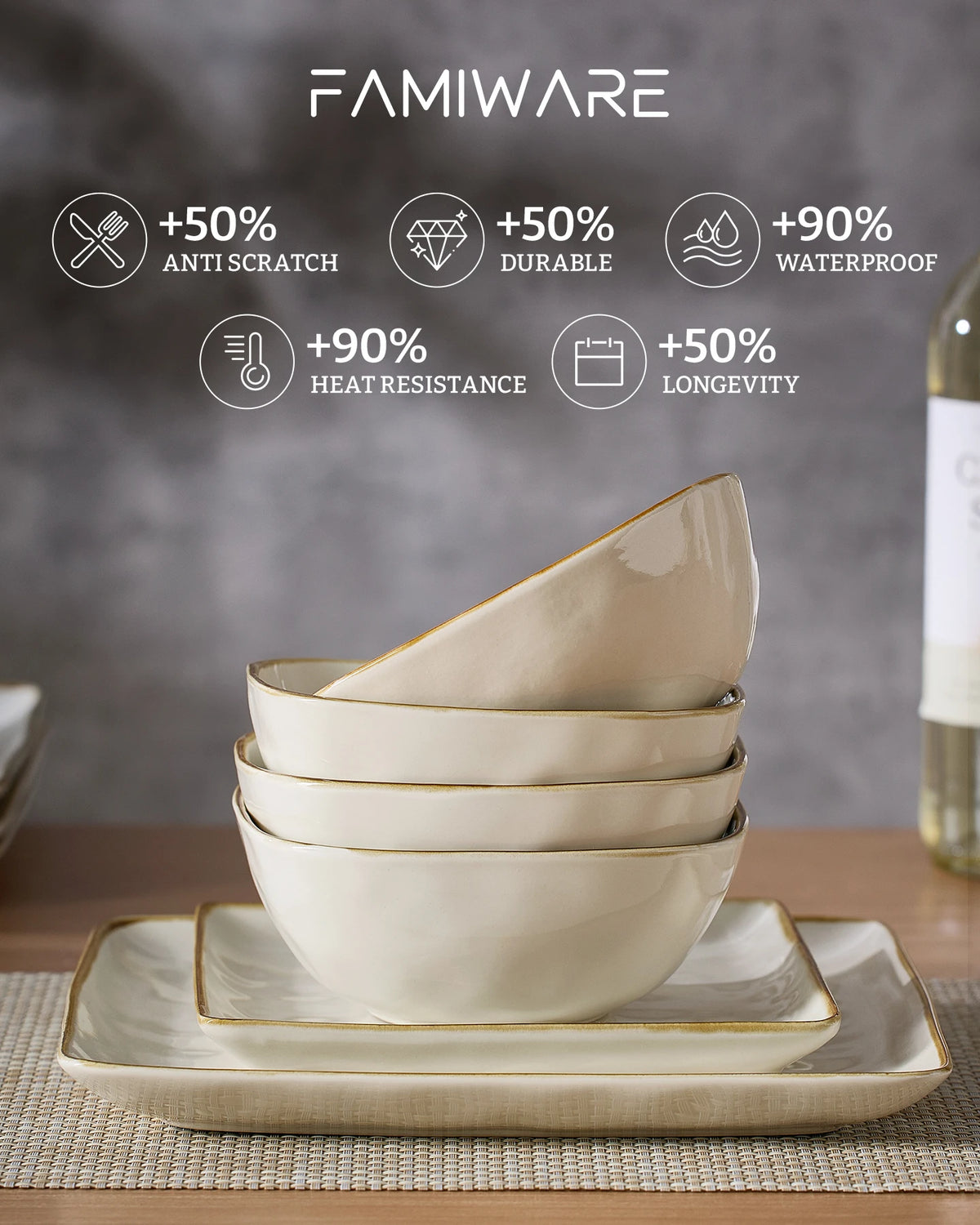 Famiware Ocean Square 12-Piece Stoneware Dinnerware Set, Service for 4