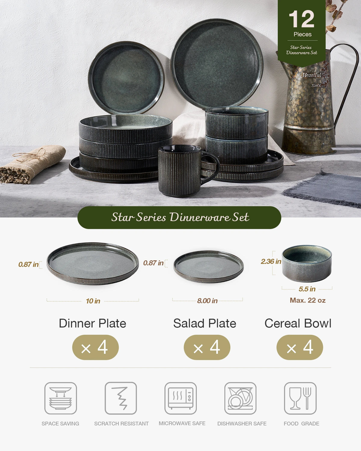 Famiware Star 12-Piece Stoneware Dinnerware Set, Service for 4