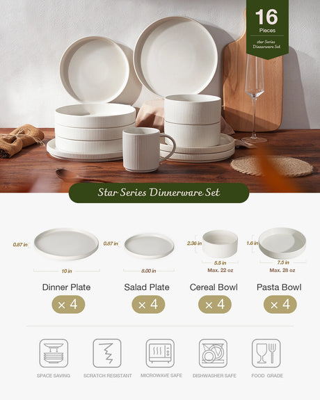 Juego de vajilla Famiware Star de gres de 16 piezas con cuencos para pasta, servicio para 4
