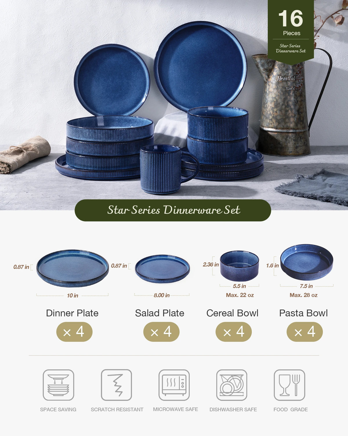 Juego de vajilla Famiware Star de gres de 16 piezas con cuencos para pasta, servicio para 4