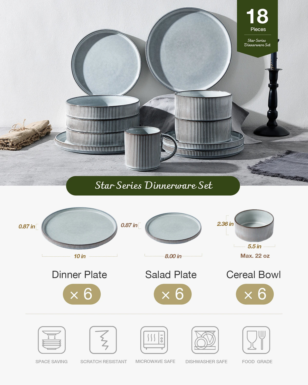 Famiware Star 18-Piece Stoneware Dinnerware Set, Service for 6