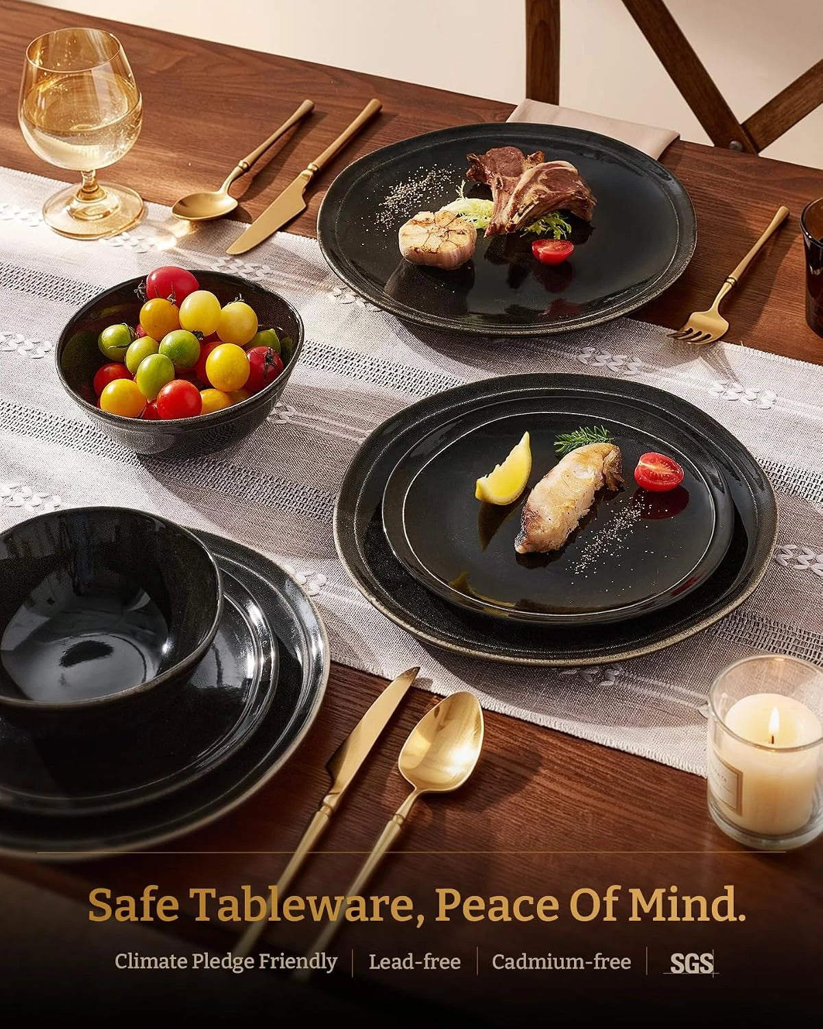 Famiware Aegean 12-Piece Stoneware Dinnerware Set, Service for 4 - Black Coffee - image 4