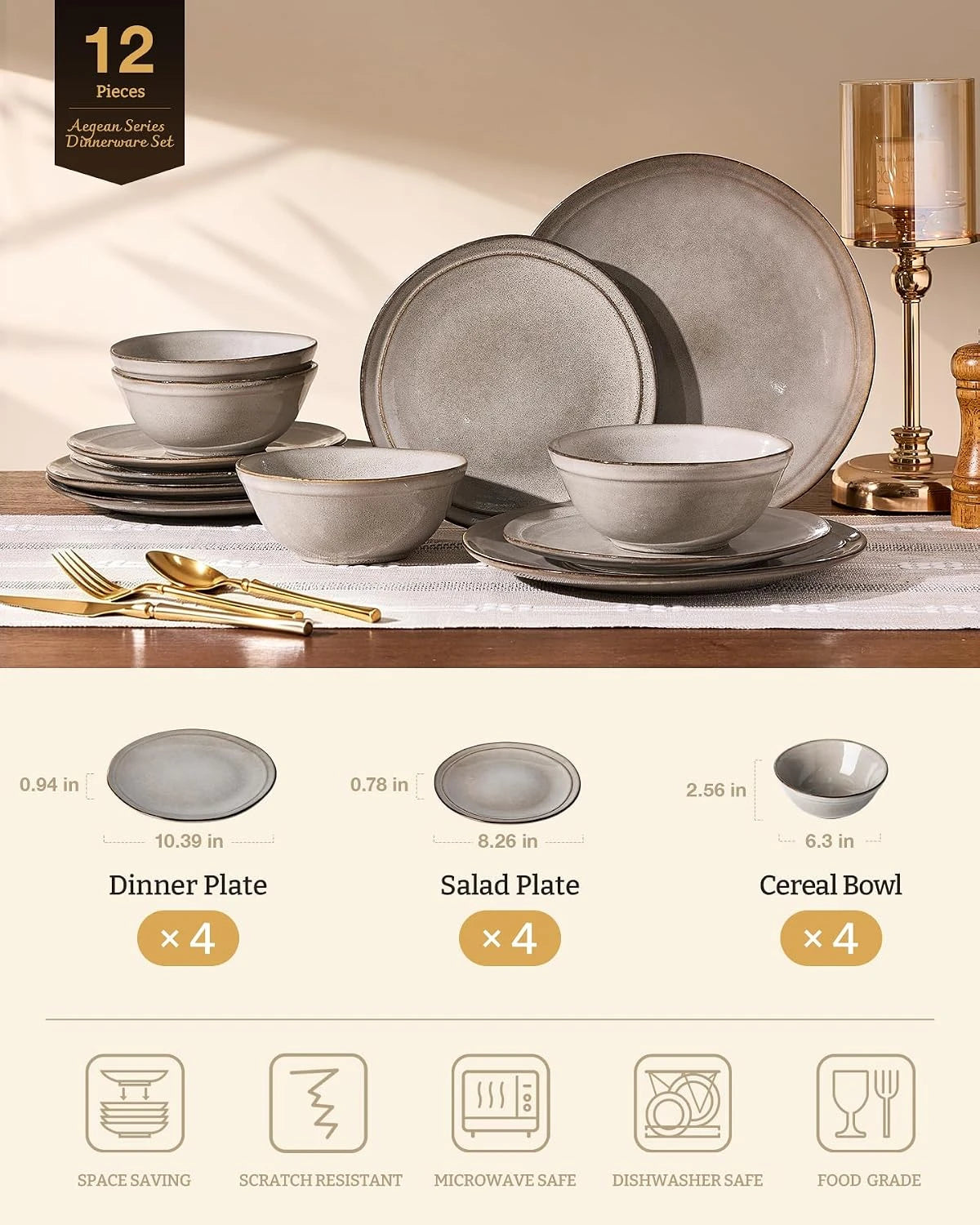 Famiware Aegean 12-Piece Stoneware Dinnerware Set, Service for 4 - Sand Beige - image 2