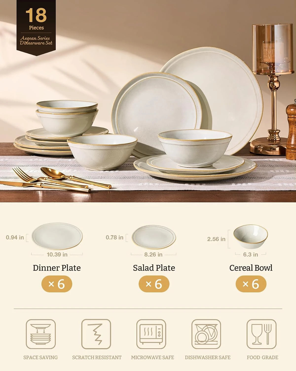 Famiware Aegean 18-Piece Stoneware Dinnerware Set, Service for 6 - Cappuccino White - image 2
