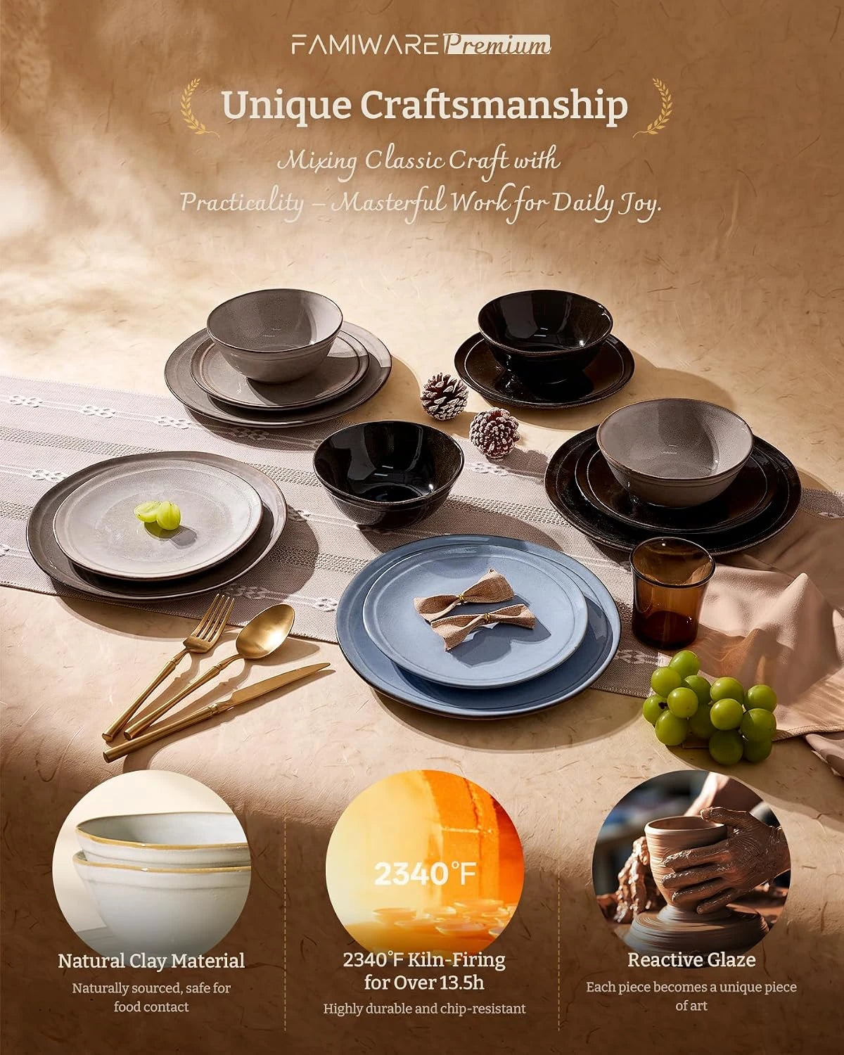 Famiware Aegean 18-Piece Stoneware Dinnerware Set, Service for 6 - Cappuccino White - image 6