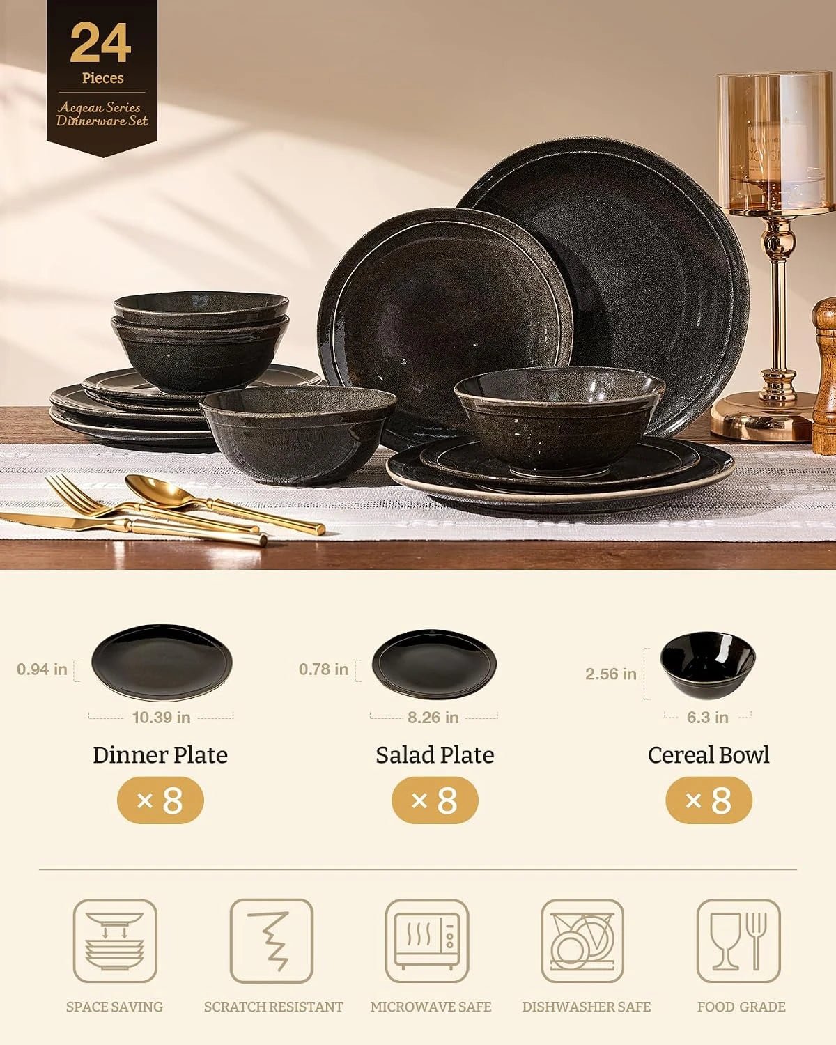 Famiware Aegean 24-Piece Stoneware Dinnerware Set, Service for 8 - Black Coffee - image 2