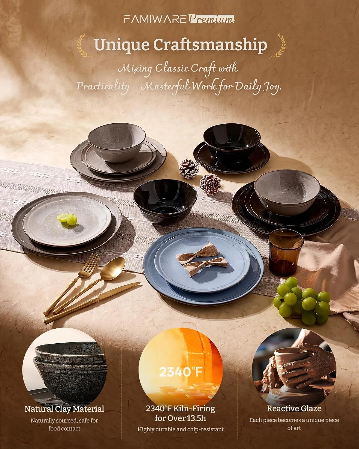 Famiware Aegean 24-Piece Stoneware Dinnerware Set, Service for 8 - Black Coffee - image 6