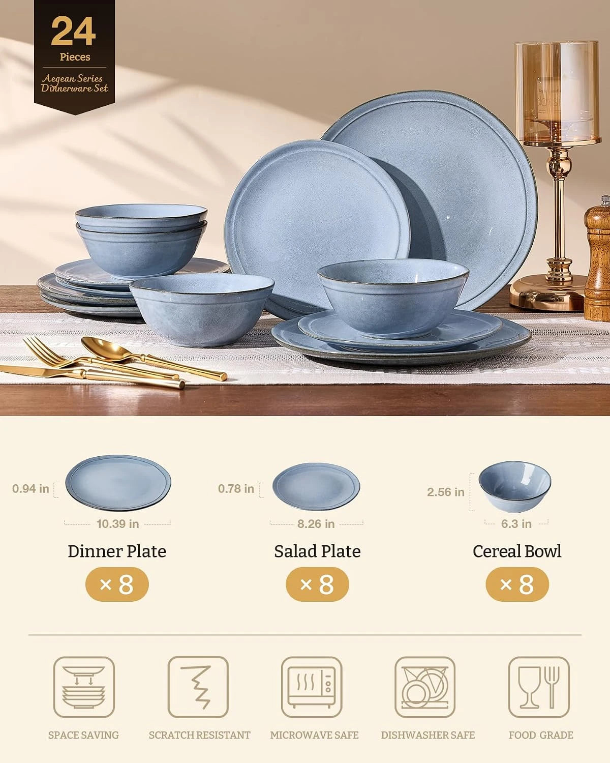 Famiware Aegean 24-Piece Stoneware Dinnerware Set, Service for 8 - Blue Grey - image 2