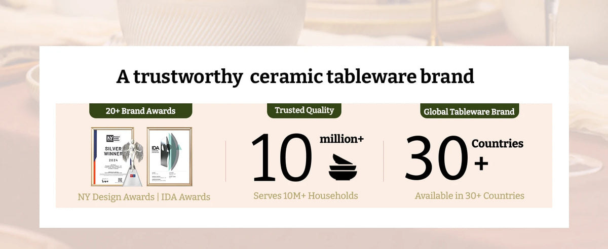 A trustworthy ceramic tableware brand. 20+ Brand Awards. NY Design Awards and IDA Awards. Serves 10M+ Households. Available in 30+ Countries.