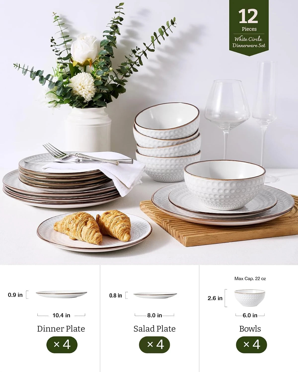 Famiware Eden 12-Piece Stoneware Dinnerware Set, Service for 4 - White Circle - image 3