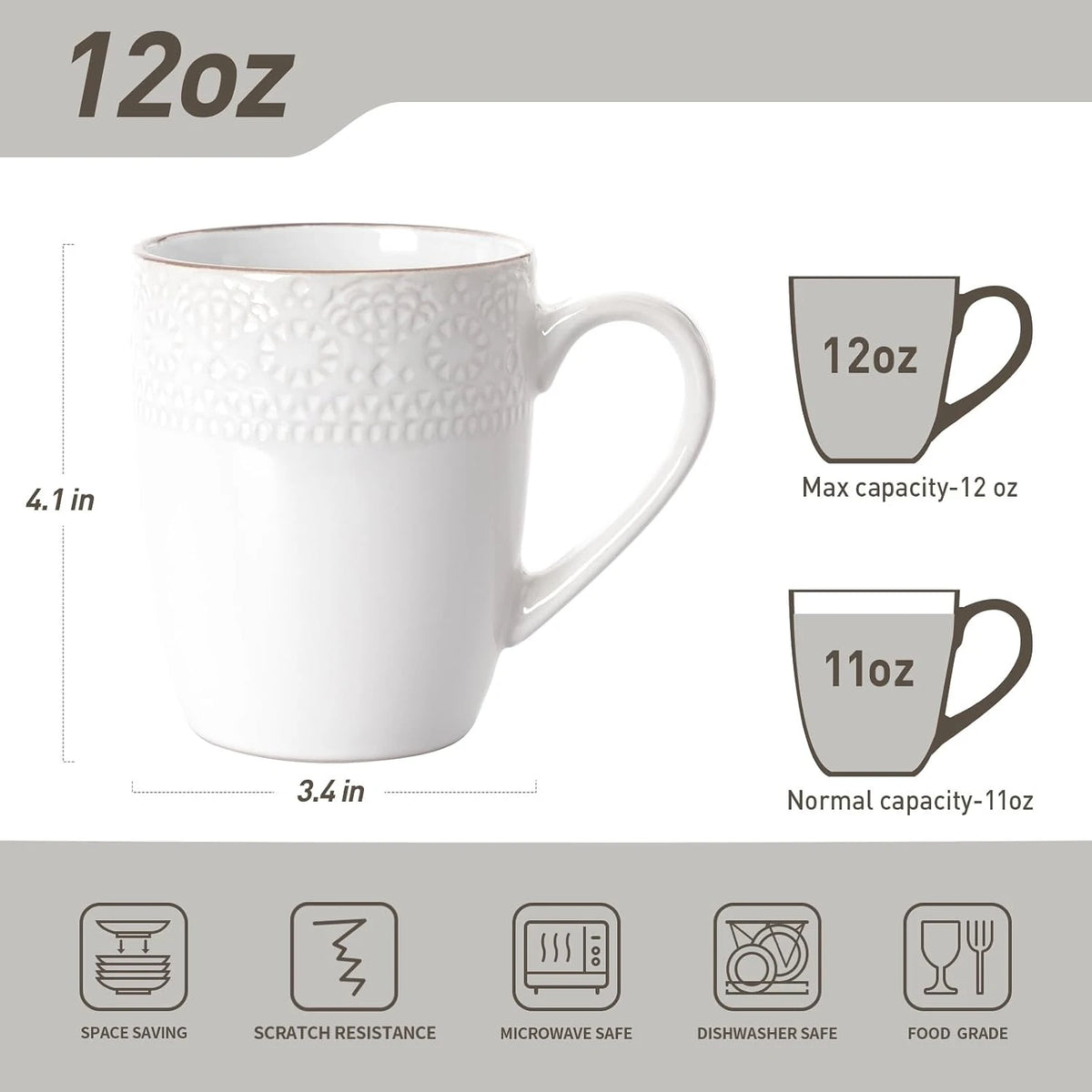 Famiware Eden Ceramic Coffee Mugs, Set of 6 - White Floral - image 3