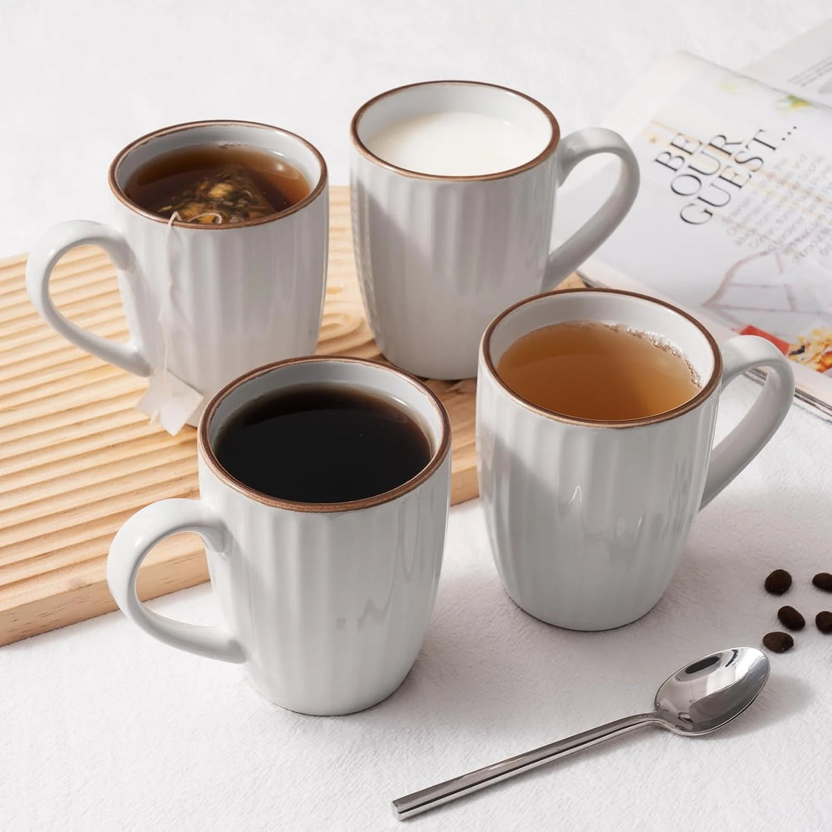Famiware Eden Ceramic Coffee Mugs, Set of 6 - White Stripe - image 2