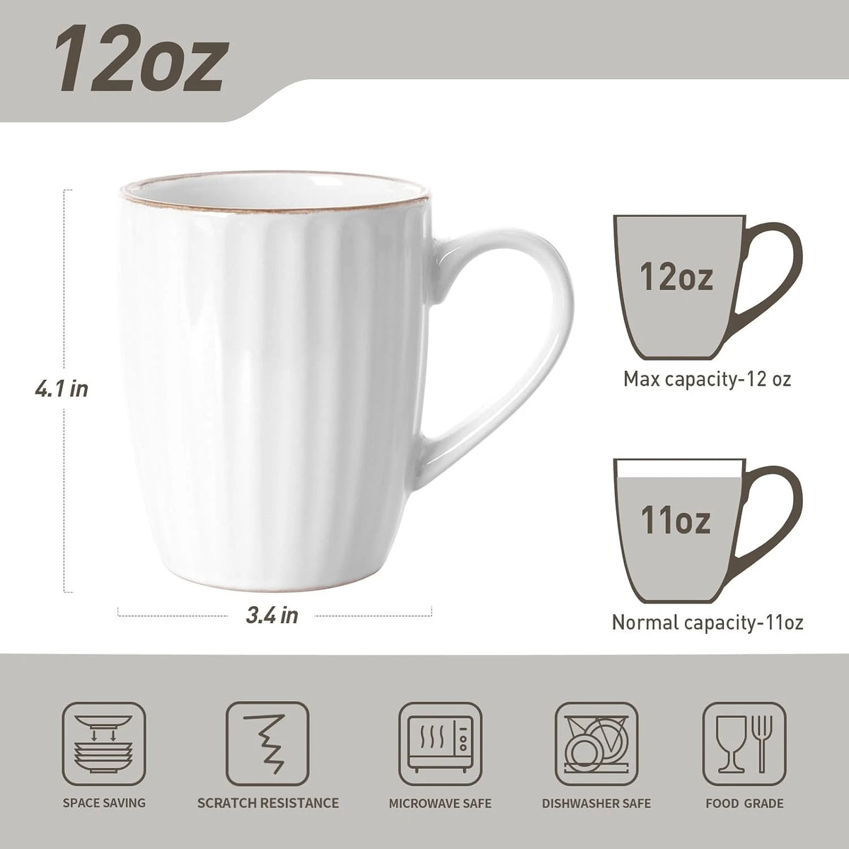 Famiware Eden Ceramic Coffee Mugs, Set of 6 - White Stripe - image 3