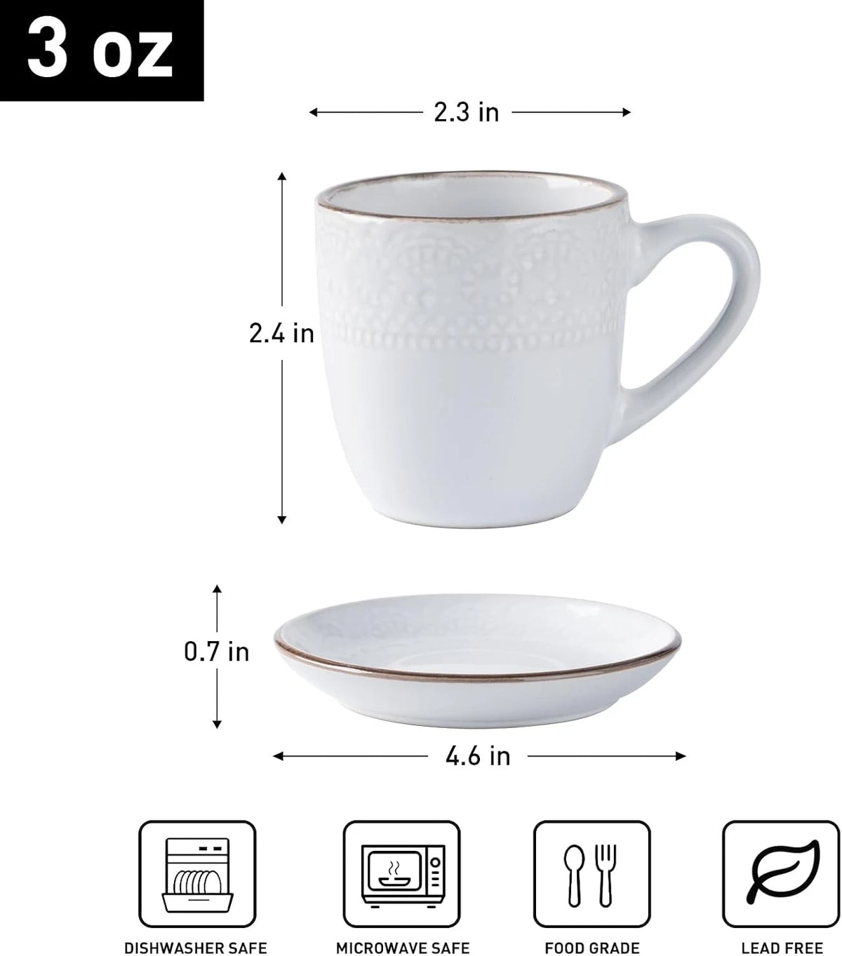Famiware Eden Ceramic Espresso Cups and Saucers, Set of 4 - White Flower - image 5