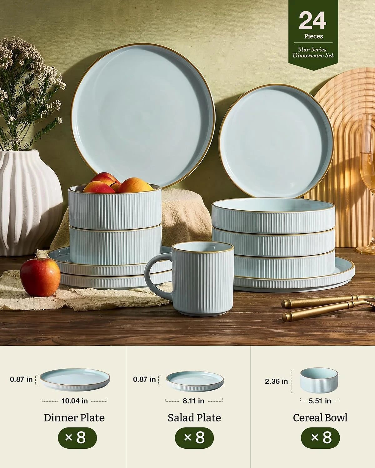 Famiware Grove 24-Piece Stoneware Dinnerware Set, Service for 8 — Light Blue, image 7