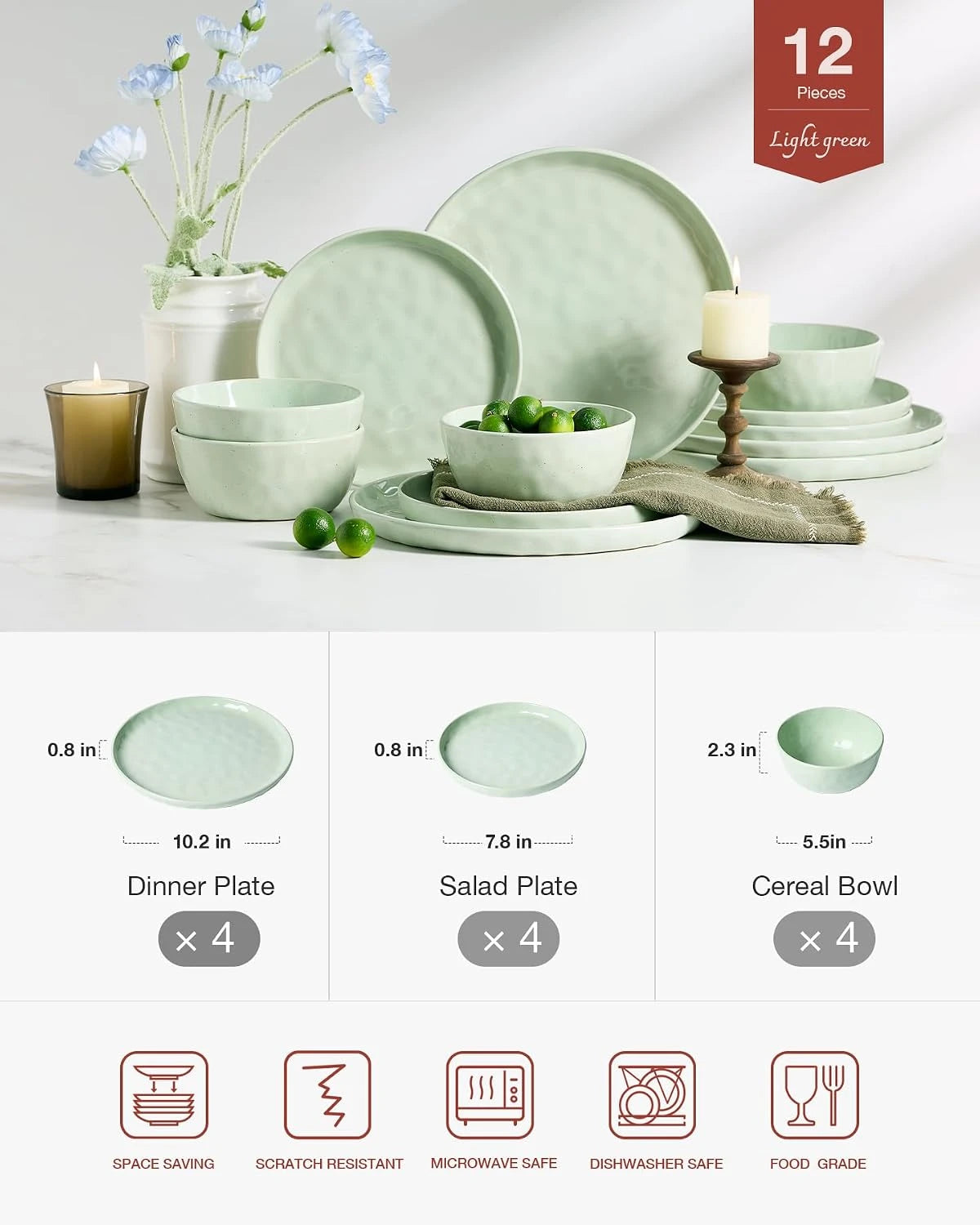 Famiware Mars 12-Piece Stoneware Dinnerware Set, Service for 4 — Light Green, image 3