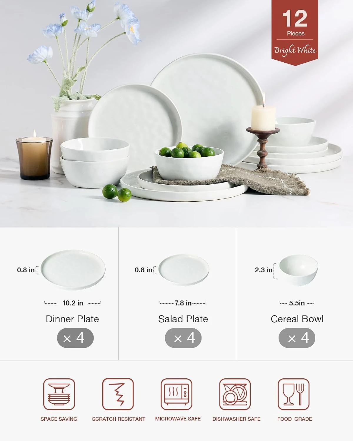 Famiware Mars 12-Piece Stoneware Dinnerware Set, Service for 4 — White, image 3
