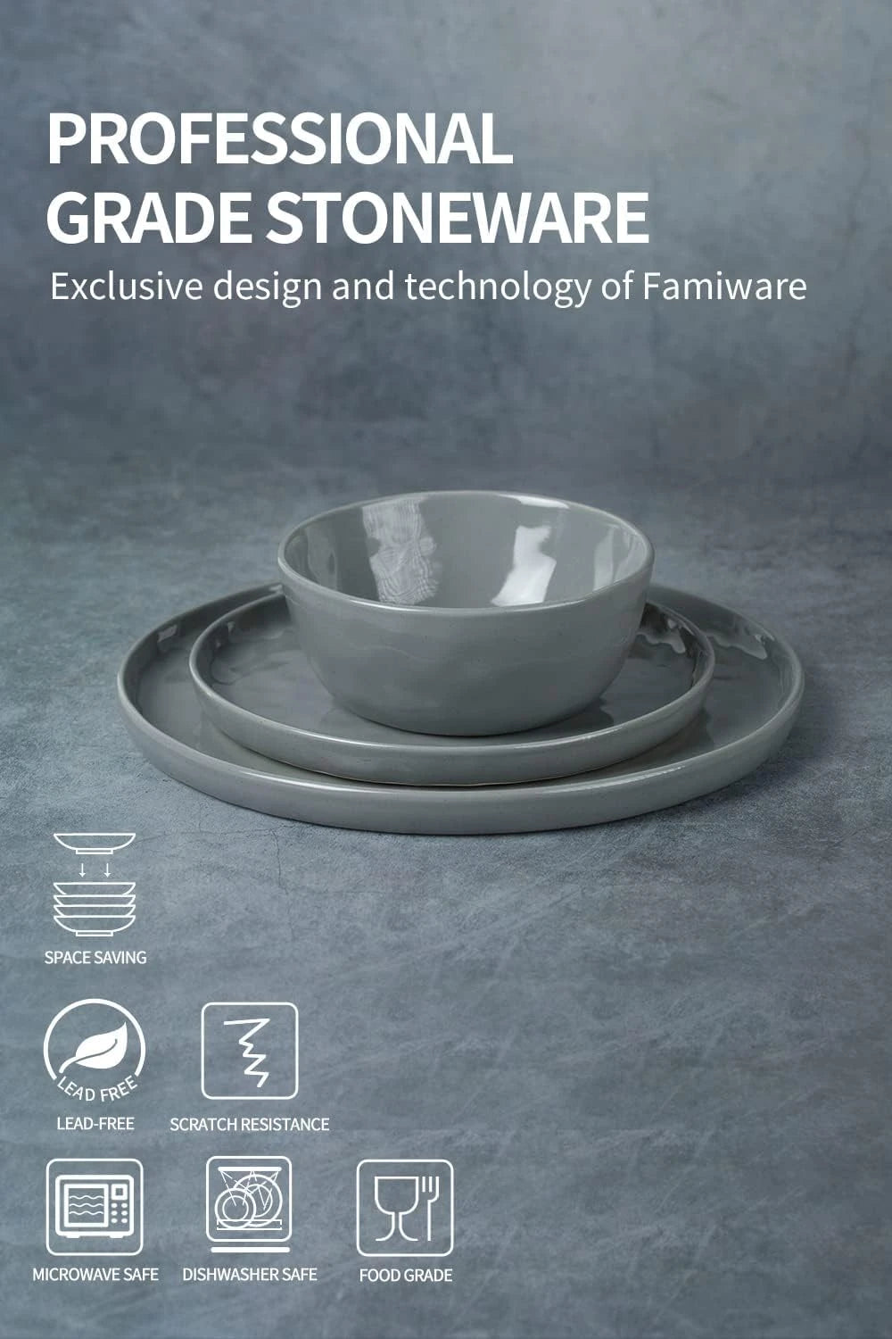 Famiware Mars 18-Piece Stoneware Dinnerware Set, Service for 6 — Dark Gray, image 5