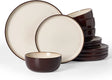 Famiware Milkyway Colorblock 12-Piece Stoneware Dinnerware Set - Light khaki & Cocoa - 01
