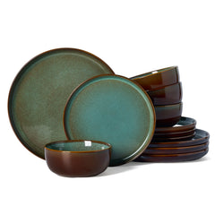 Famiware Milkyway Colorblock 12-Piece Stoneware Dinnerware Set - Moss Green & Cocoa - 01