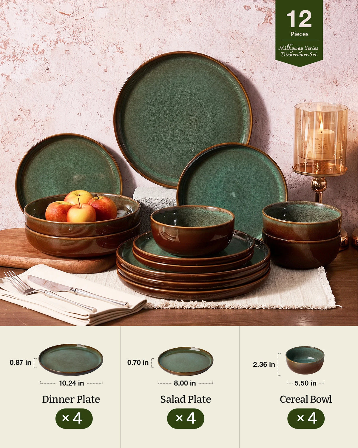 Famiware Milkyway Colorblock 12-Piece Stoneware Dinnerware Set - Moss Green & Cocoa - 03
