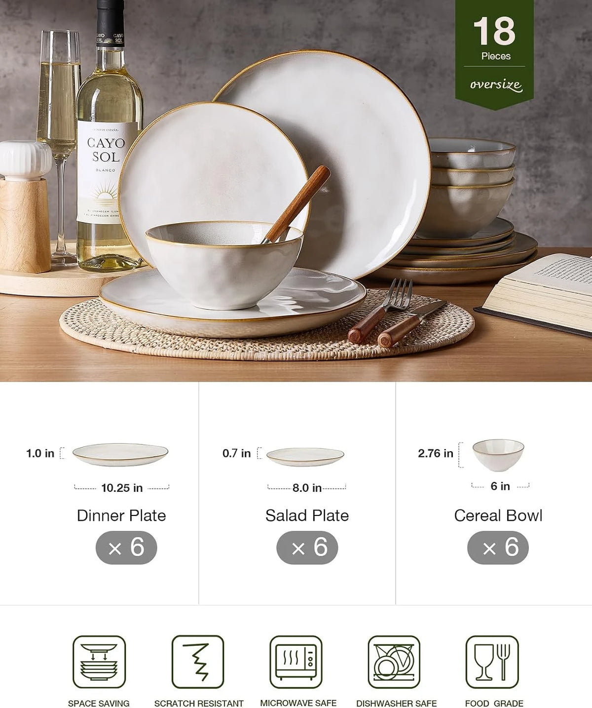 Famiware Ocean Round 18-Piece Stoneware Dinnerware Set, Service for 6 - Cappuccino White - image 2