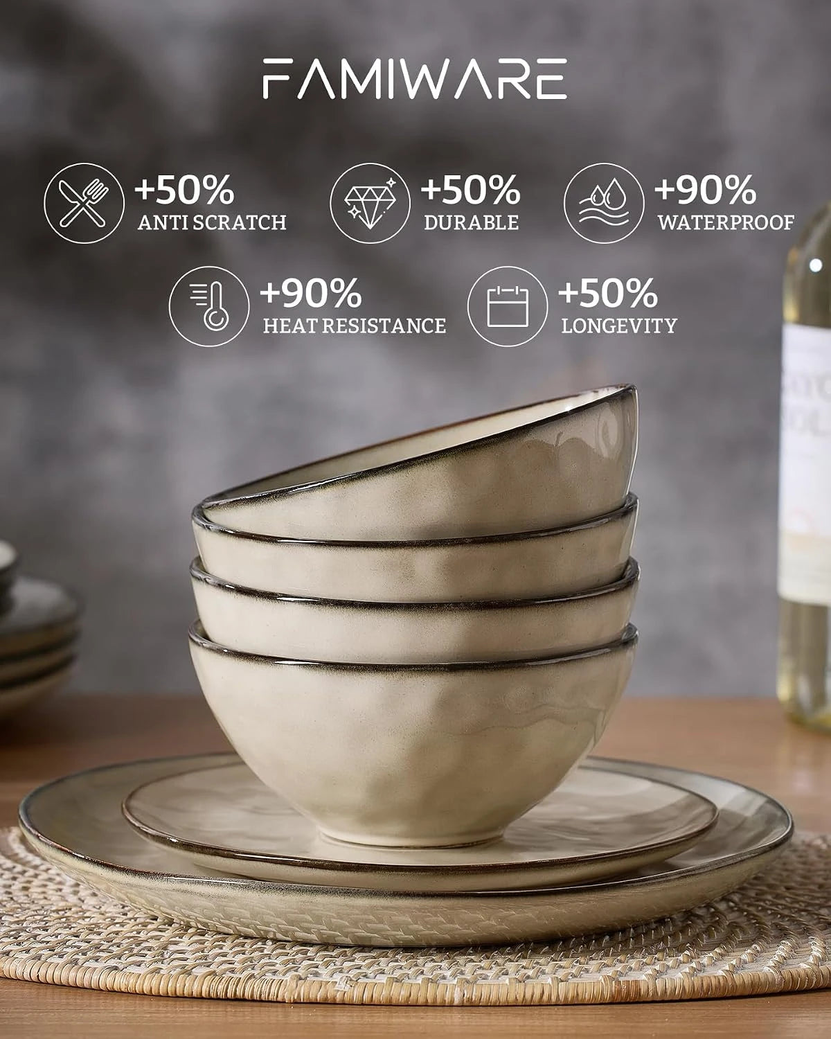 Famiware Ocean Round 18-Piece Stoneware Dinnerware Set, Service for 6 - Light khaki - image 6