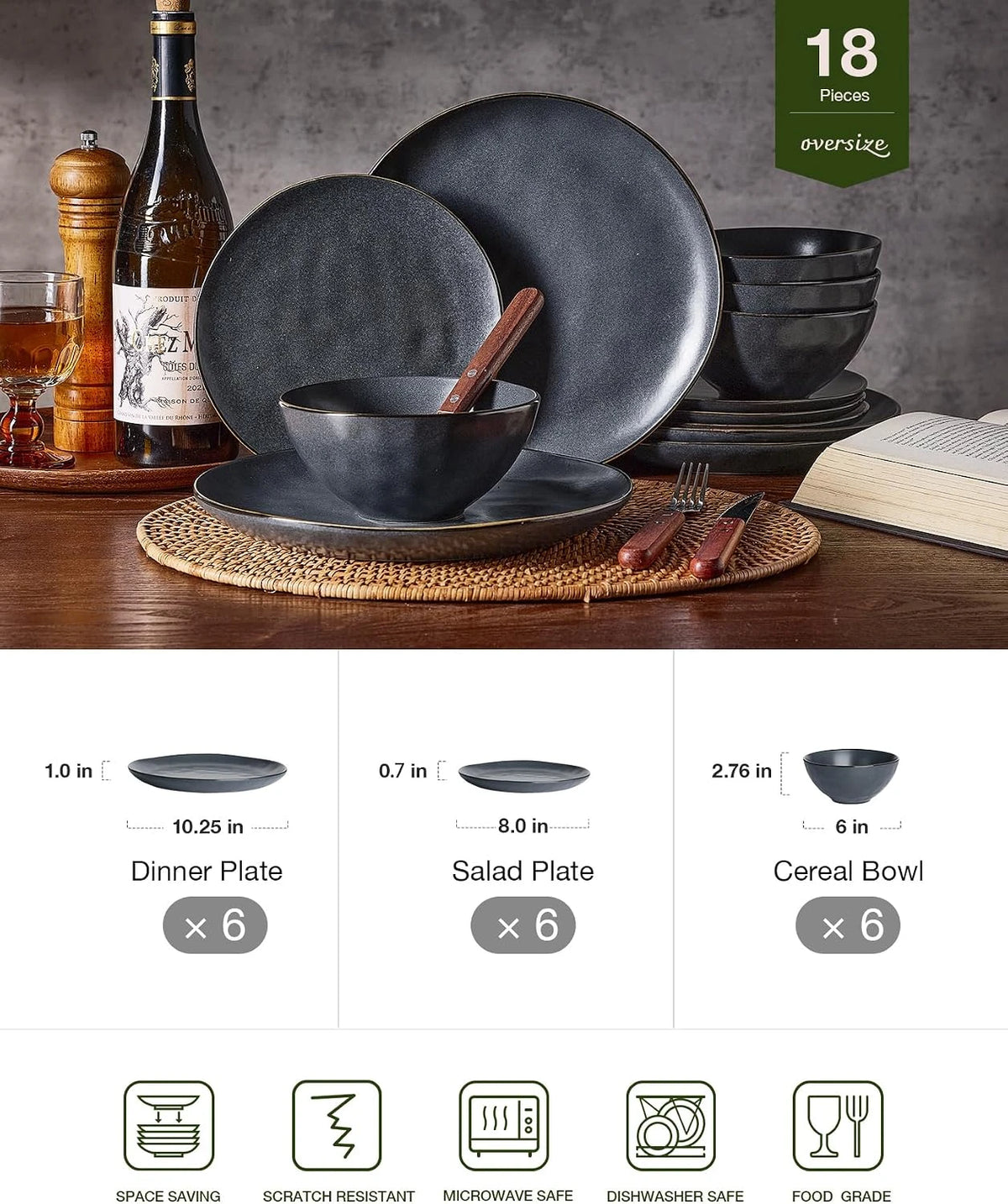 Famiware Ocean Round 18-Piece Stoneware Dinnerware Set, Service for 6 - Matte Black - image 2