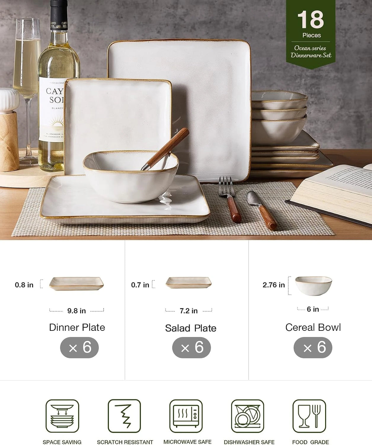 Famiware Ocean Square 18-Piece Stoneware Dinnerware Set, Service for 6 - Cappuccino White - image 4