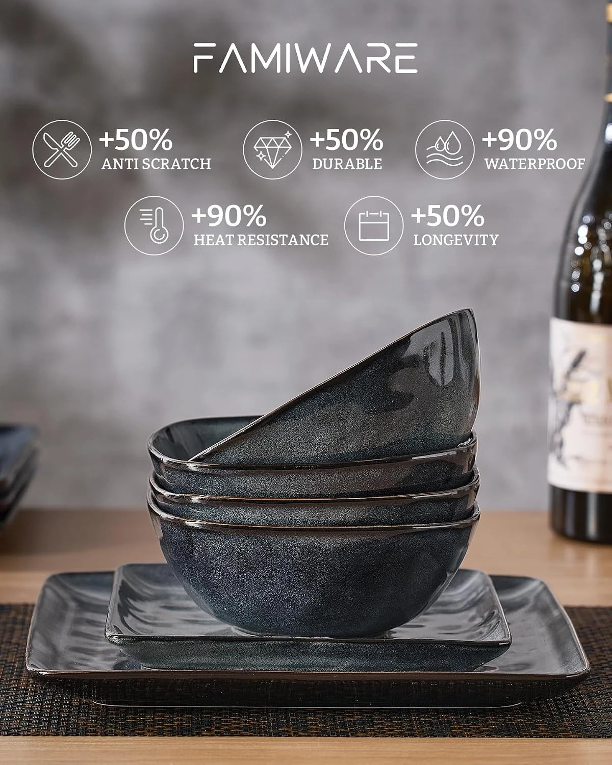 Famiware Ocean Square 18-Piece Stoneware Dinnerware Set, Service for 6 - Deep Forest - image 7