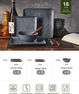 Famiware Ocean Square 18-Piece Stoneware Dinnerware Set, Service for 6 - Matte Dark Charcoal - image 2