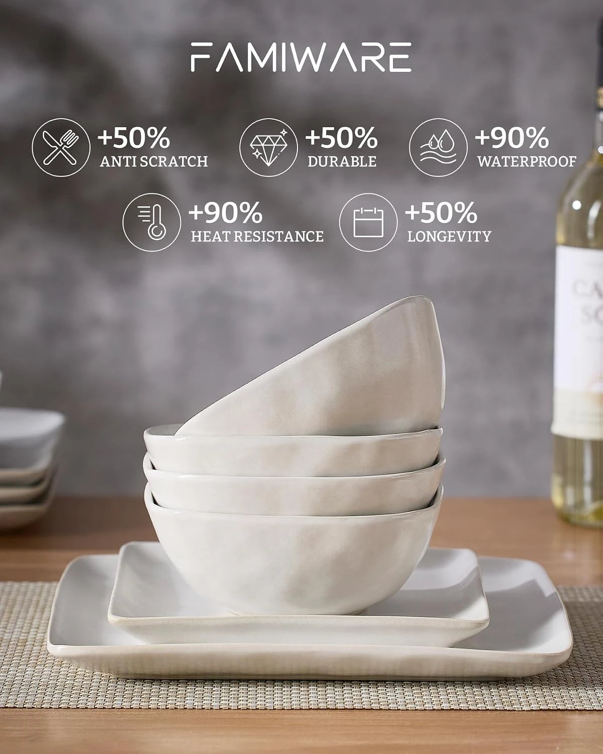 Famiware Ocean Square 18-Piece Stoneware Dinnerware Set, Service for 6 - Matte White - image 6