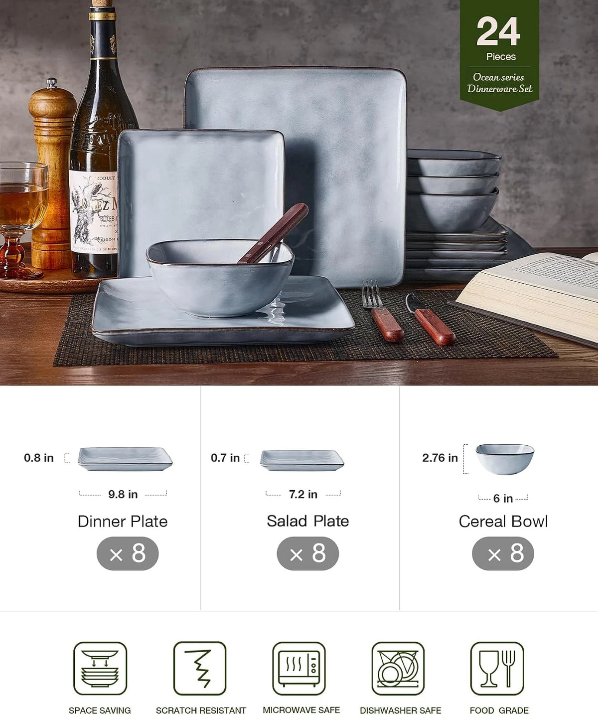Famiware Ocean Square 24-Piece Stoneware Dinnerware Set, Service for 8 - Gray - image 2