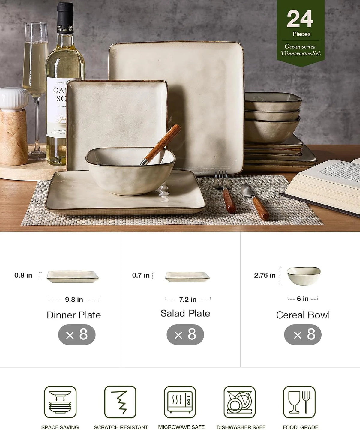 Famiware Ocean Square 24-Piece Stoneware Dinnerware Set, Service for 8 - Light khaki - image 2