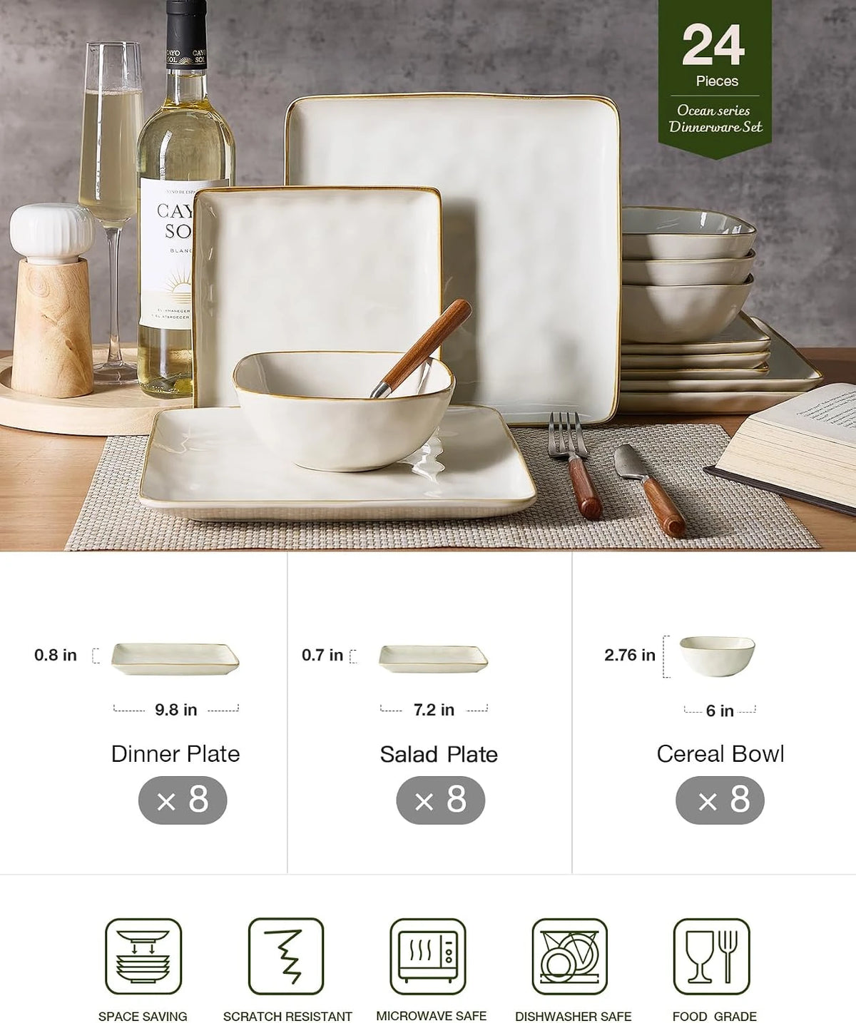 Famiware Ocean Square 24-Piece Stoneware Dinnerware Set, Service for 8 - Vanilla White - image 2
