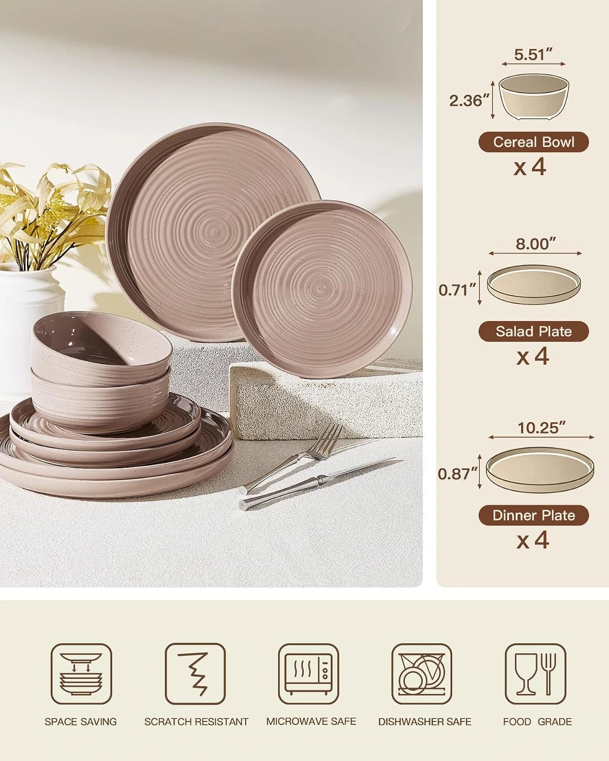 Famiware Ripple 12-Piece Stoneware Dinnerware Set - Brown - 07