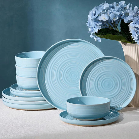 Famiware Ripple 12-Piece Stoneware Dinnerware Set - Ice Blue - 01
