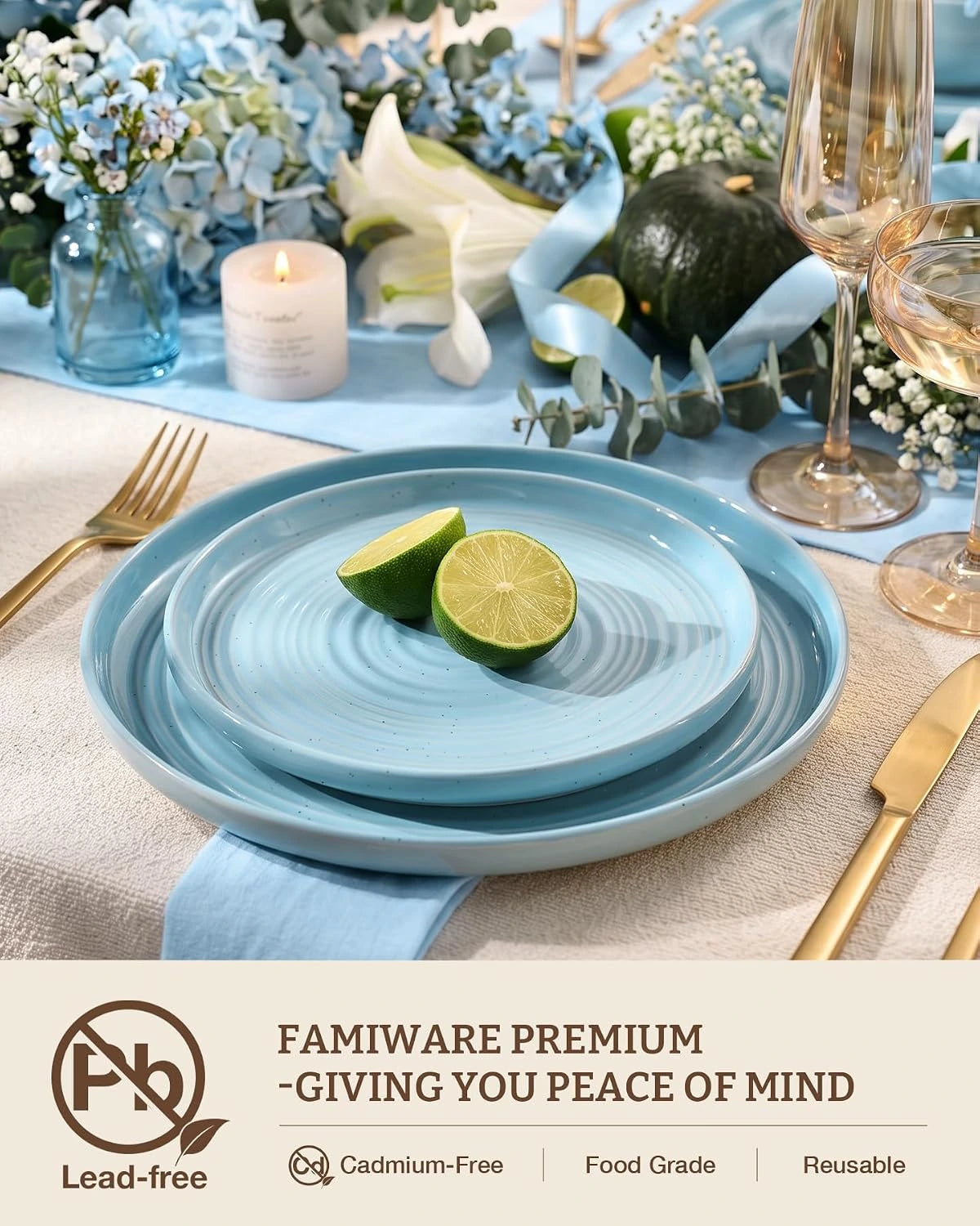 Famiware Ripple 12-Piece Stoneware Dinnerware Set - Ice Blue - 03