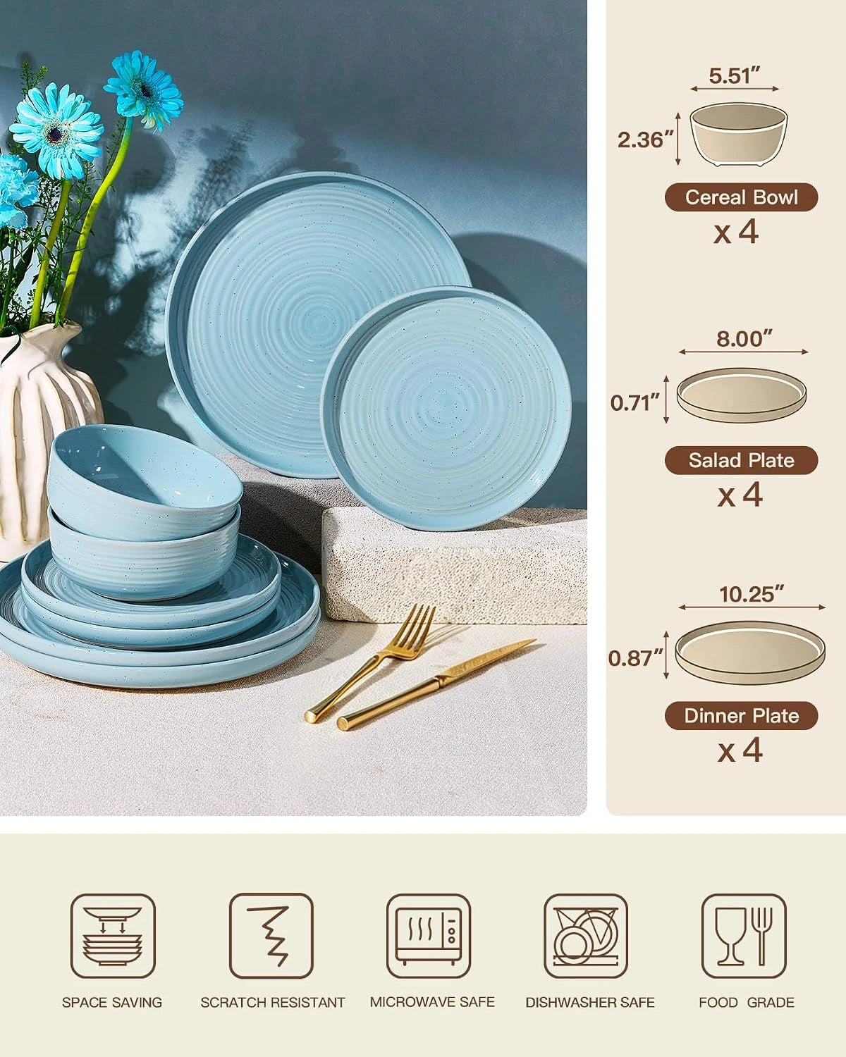 Famiware Ripple 12-Piece Stoneware Dinnerware Set - Ice Blue - 06