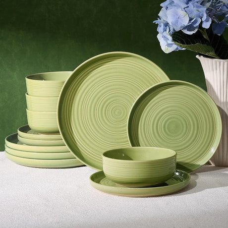 Famiware Ripple 12-Piece Stoneware Dinnerware Set - Olive Green - 01