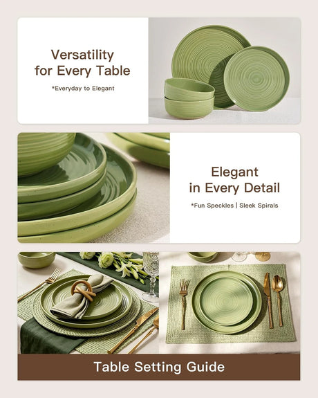 Famiware Ripple 12-Piece Stoneware Dinnerware Set - Olive Green - 04
