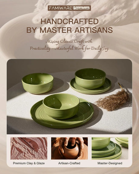 Famiware Ripple 12-Piece Stoneware Dinnerware Set - Olive Green - 05