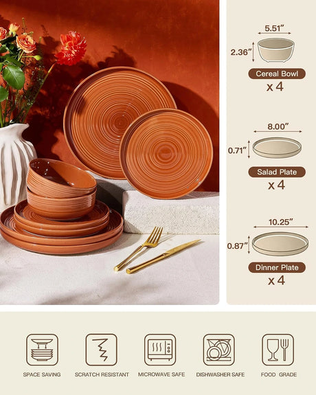 Famiware Ripple 12-Piece Stoneware Dinnerware Set - Terracotta - 06