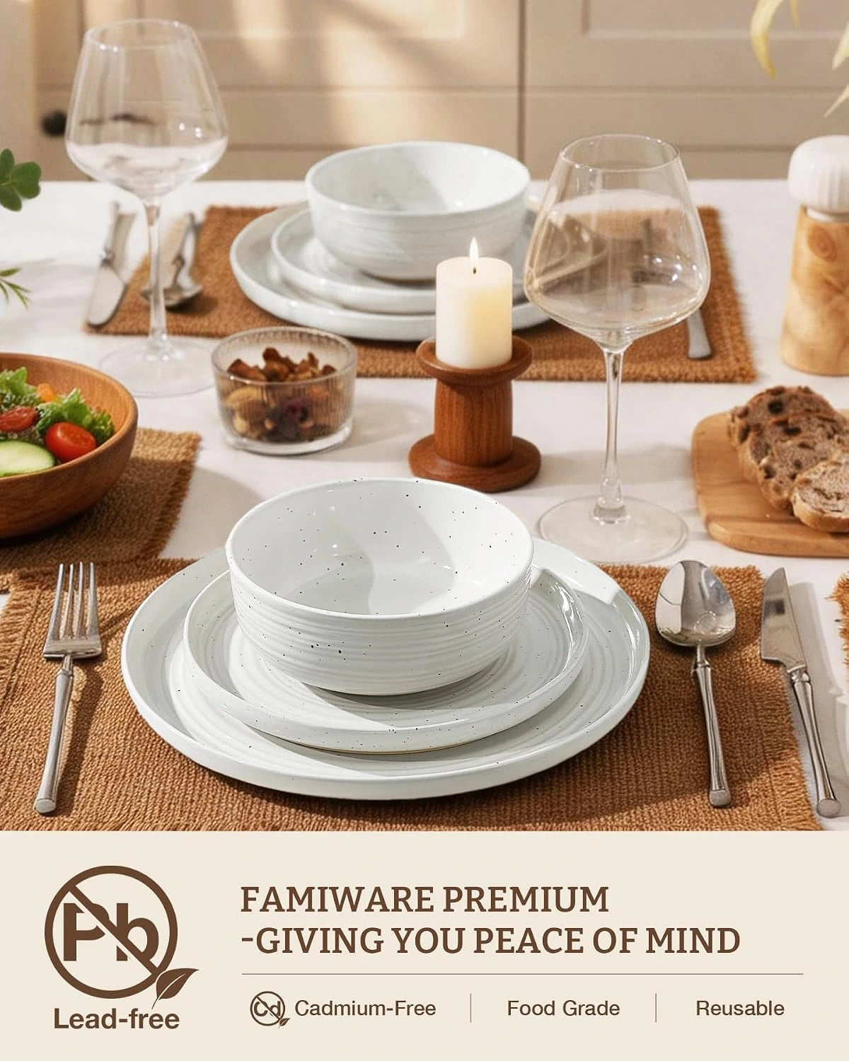 Famiware Ripple 12-Piece Stoneware Dinnerware Set - White - 03