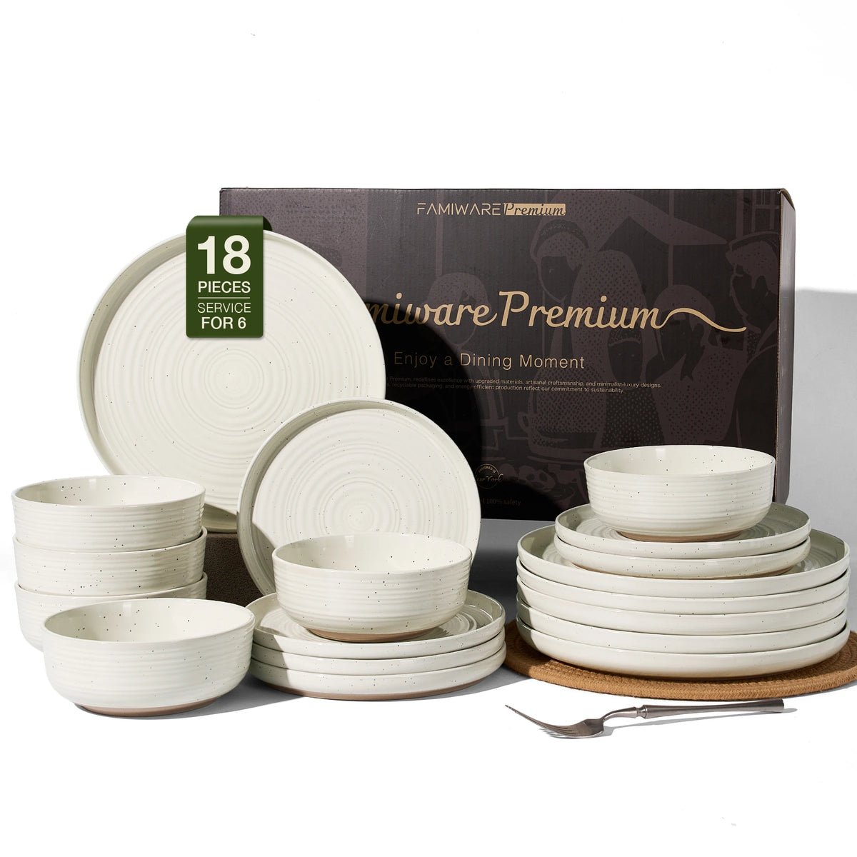 Famiware Ripple 18-Piece Stoneware Dinnerware Set - Cream - 01