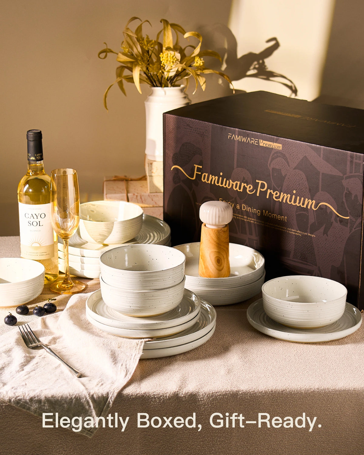 Famiware Ripple 18-Piece Stoneware Dinnerware Set - Cream - 08