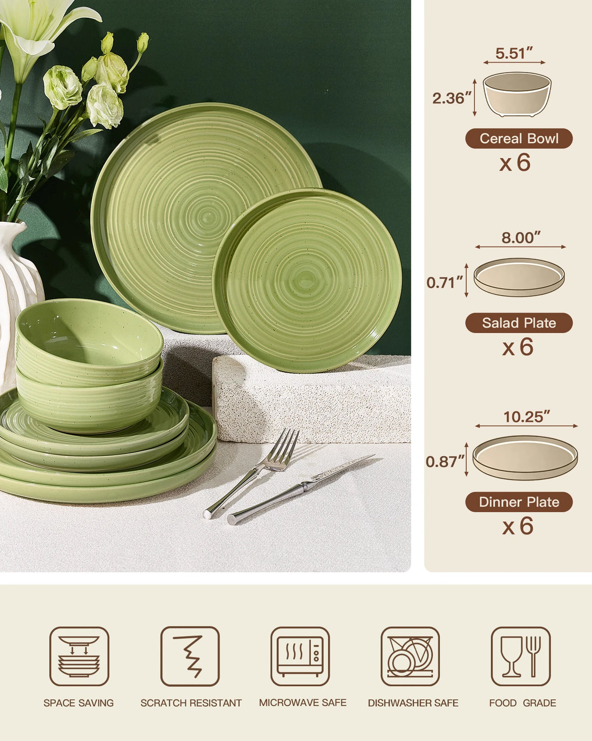 Famiware Ripple 18-Piece Stoneware Dinnerware Set - Olive Green - 06