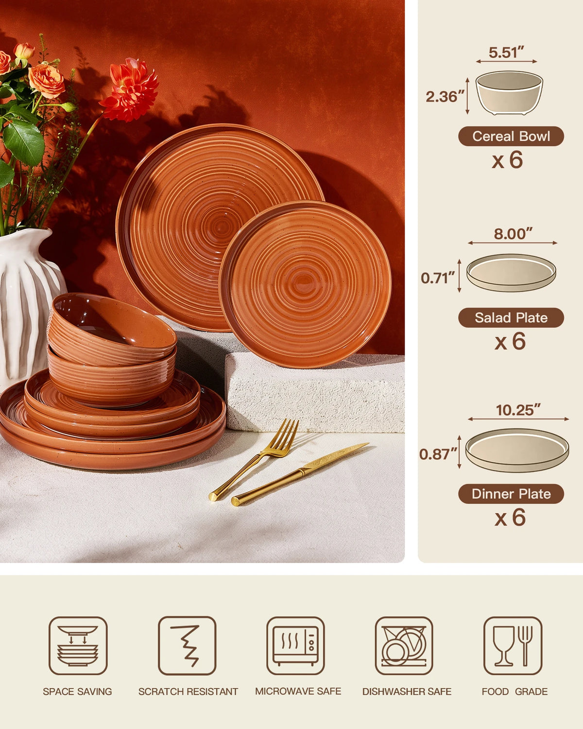 Famiware Ripple 18-Piece Stoneware Dinnerware Set - Terracotta - 06