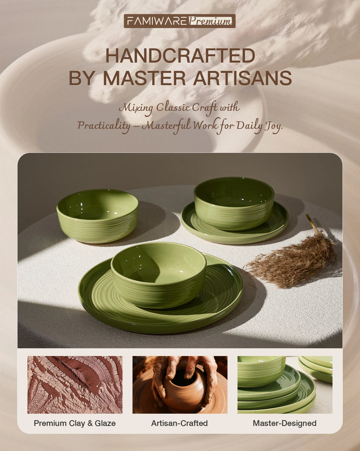 Famiware Ripple 24-Piece Stoneware Dinnerware Set - Olive Green - 05