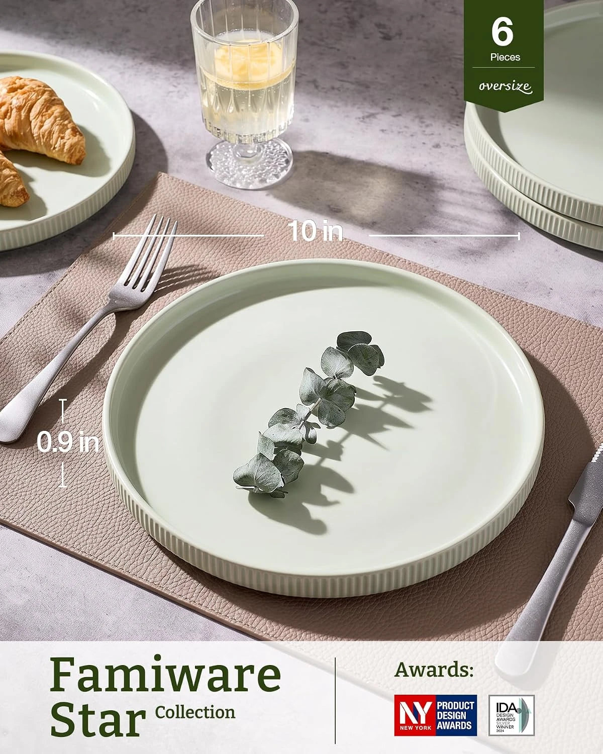 Famiware Star Line 10-Inch Stoneware Dinner Plates, Set of 6 - Light Green - image 3
